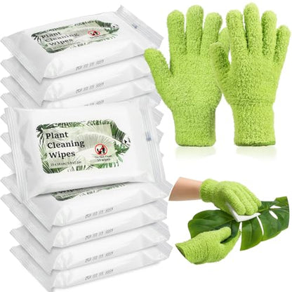 Nuanchu 8 Pack Plants Cleaning Wipes and 1 Pair Microfiber Dusting Gloves Based Wipes for Shiny Leaves and Better Photosynthesis for Indoor Outdoor Plants
