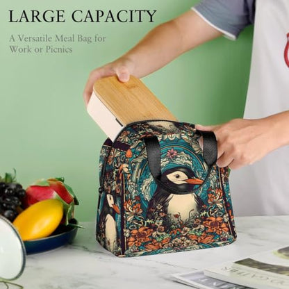 Retro Penguin Flowers Lunch Bag for Women Men | Insulated Lunch Box Leakproof Food Meal Containers Reusable Foldable 6L Capacity Lunch Tote Bags for Work Picnic Travel - color: style-13