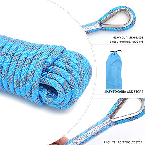 10mm/12mm (32FT/64FT) Climbing Rope, Outdoor Static Rock Climbing Rope, Tree Climbing Rappelling Rope, Escape Nylon Rope, Ice Climbing Equipment Fire Rescue Parachute Rope with 2 Steel Hooks - color: Blue, size: 10mm/32ft