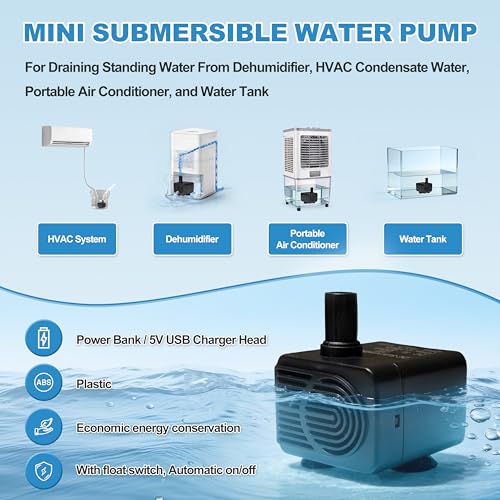 Automatic Small Sump Pump with Water Sensor, 4FT Lift, 74 GPH, 5V Mini Condensate Pump with 6 FT Tubing, Auto on/off Water Pump with Float Switch for Dehumidifier, HVAC and Other Small Spaces