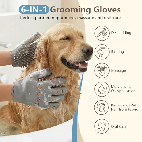 Pet Grooming Gloves for Cats & Dogs, Silicone Pet Hair Removal Glove for Bathing, Shedding & Massage, Gentle Cat & Dog Grooming Glove for Long & Short Hair Pets（Grey-Large） - size: Large（1pair）