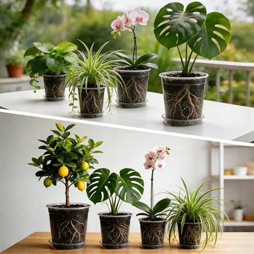 BTPLASTIK 3 Gallon Clear Nursery Pots with Saucers 5P, 10 Inch Round Plastic Plant Pots with Drainage Holes - size: 3 Gallon + Saucers 5P
