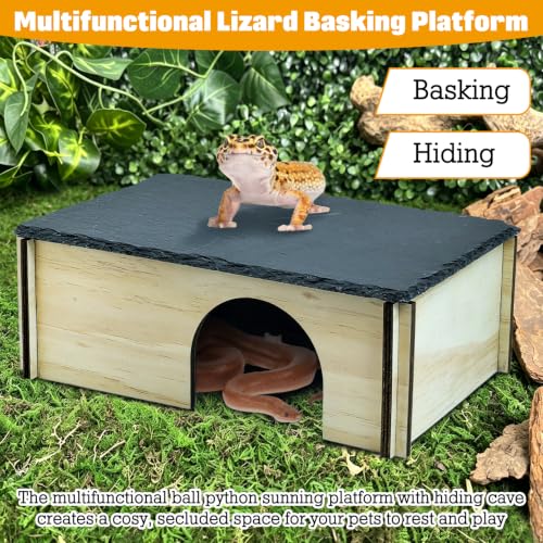 PINVNBY Large Bearded Dragon Basking Platform, Wooden Snake Hide, Ball Pythons Hide with Slate Rock, Leopard Gecko Tank Accessories for Geckos, Crested Gecko Chameleon Turtles (L: 11.8x7.87 inches) - size: L: 11.8x7.87 inches
