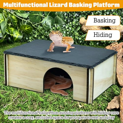 PINVNBY Large Bearded Dragon Basking Platform, Wooden Snake Hide, Ball Pythons Hide with Slate Rock, Leopard Gecko Tank Accessories for Geckos, Crested Gecko Chameleon Turtles (L: 11.8x7.87 inches) - size: L: 11.8x7.87 inches