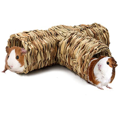BWOGUE Hamster Grass Tunnel Toy, Guinea Pig Grass Tunnel, 4-Way Hideaway | Natural Grass for Chewing, 4 Entrances, No Nails or Staples, 14.1 x 4.3 in, Grass Hide for Hamsters, Hedgehog & Ferrets
