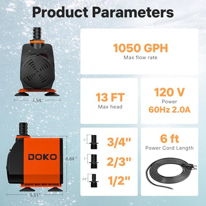 DOKO 1050GPH Submersible Water Fountain Pump for Pond, Waterfall, Aquariums | 4700L/H 100W Ultra Quiet Water Pump with 13ft Lift, Adjustable Flow, 6FT Cord & 3 Nozzles for Fish Tank & Statuary - size: 100W 1050GPH