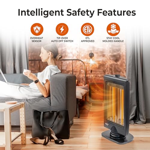 Comfort Zone Oscillating Portable Space Heater, Flat Panel, Halogen, Infrared, Electric, Adjustable Tilt, Overheat Sensor, Stay-Cool, & Tip-Over Switch, Ideal for Home, Bedroom, & Office, 800W, CZHTV9