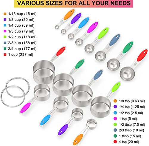 Wildone Stainless Measuring Cups and Spoons Set with Silicone Handle, 16pcs | 8 Measuring Cups and 8 Measuring Spoons, Nesting Design, Heavy Duty for Measuring Dry/Liquid Ingredients, Multicolor - color: Multicolor