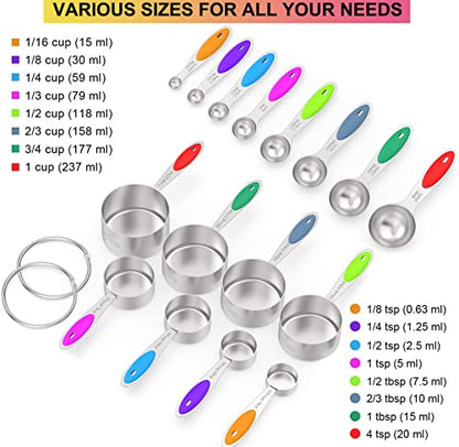 Wildone Stainless Measuring Cups and Spoons Set with Silicone Handle, 16pcs | 8 Measuring Cups and 8 Measuring Spoons, Nesting Design, Heavy Duty for Measuring Dry/Liquid Ingredients, Multicolor - color: Multicolor