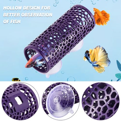 Abizoo Betta Cave - Purple Fish Tunnel with Holes for Small Fish & Shrimp Habitat, Betta Toys Shelter Hideaway, Moss Aquarium Ornament - color: Purple
