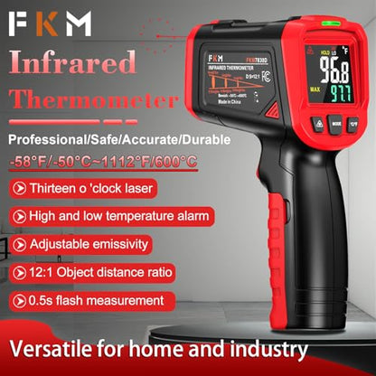 FKM Infrared Thermometer Gun Non Contact Laser Thermometer Gun-58°F~1112°F | (-50°C~600°C)Digital IR Temperature Gun for Kitchen Cooking,Griddle,Pizza Oven,HVAC,Engine,Industrial,Adjustable Emissivity - color: Red