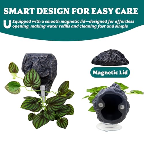 Reptile Water Dish with Dripper, Adjustable Wall-Mounted Water Bowl for Terrarium Humidity Control - Natural Rock Decor Feeding & Watering Dish for Gecko, Lizard, Snake, Frog & Small Reptiles
