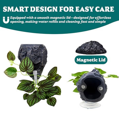 Reptile Water Dish with Dripper, Adjustable Wall-Mounted Water Bowl for Terrarium Humidity Control - Natural Rock Decor Feeding & Watering Dish for Gecko, Lizard, Snake, Frog & Small Reptiles