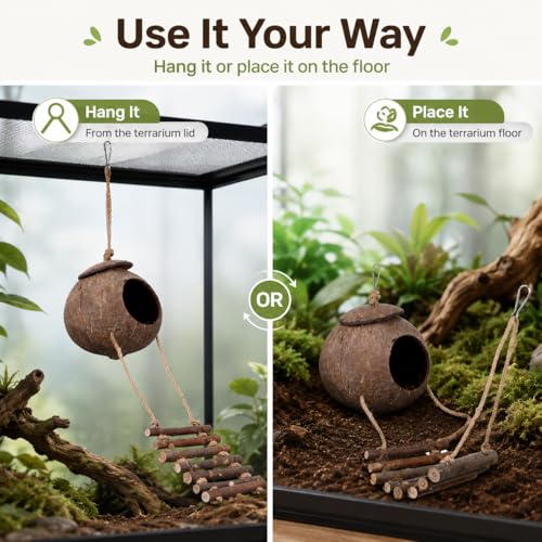 Hanging Coconut Hide for Crested Hide Hut with Climbing Ladder, Natural Shell Cave Hideout for Leopard Reptiles