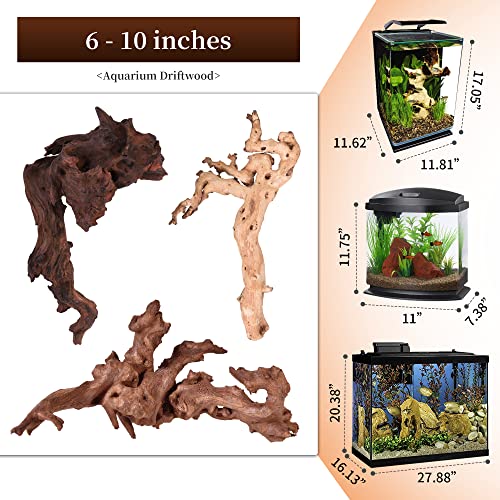 majoywoo Natural Driftwood for Aquarium Decor Fish Tank Decor Reptile Decor | Assorted Driftwood Branch 6-10" 3 Pcs, Natural Driftwood for Aquascaping and Reptile Decor - size: Mopani Driftwood 6 to 10 Inch (Pack of 3)