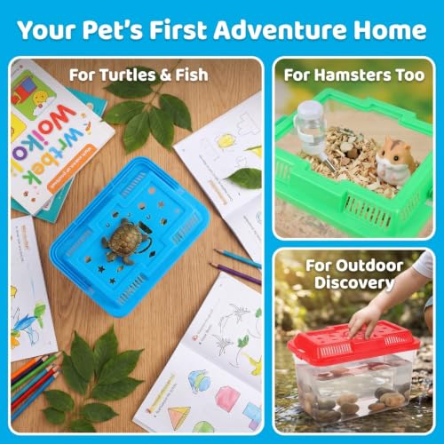 NOLITOY 4 pcs Thick Plastic Portable Fish Tank Mini Aquarium Travel Carrier | Clear Viewing Box, Sturdy Handle Design, Turtle Breeding Habitat, Multi Color Theme, Reptile Clinic Transport Gear, 5.90 inch