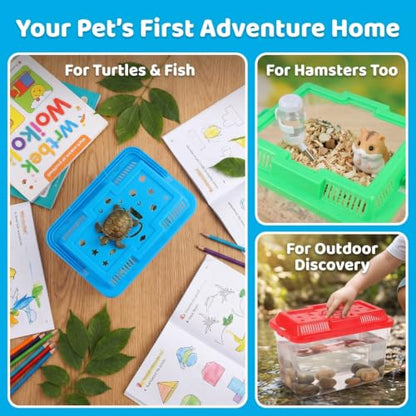 NOLITOY 4 pcs Thick Plastic Portable Fish Tank Mini Aquarium Travel Carrier | Clear Viewing Box, Sturdy Handle Design, Turtle Breeding Habitat, Multi Color Theme, Reptile Clinic Transport Gear, 5.90 inch