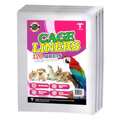 T TORTO9 Bird Cage Liner - 120 Paper Sheets, 20" x 18", 2.9 lb - Ideal for Pet Habitats, Bulk Pack for Long-Lasting Use, Newsprint Texture, Convenient Parcel Packaging - size: 20 x 18 in
