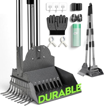 Pooper Scooper，Long Handle Dog Pooper Scooper，No More Bending , Easy to use | Easy to install,Upgraded Toothed Scooper，Free Extension Pole， Ideal for Yard, Lawn, Dirt & Gravel Ground，for Small-Medium Dog - size: Medium 3‑Pc Set