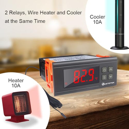 KETOTEK Digital Temperature Controller AC110V 10A Fahrenheit Thermostat with 2m Waterproof Sensor 2 Relays Heating Cooling Incubator - style: Output: 10A