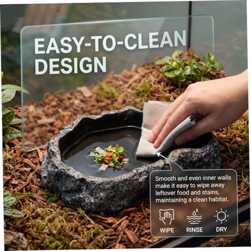 Reptile Water Dish with Natural Rock Texture, 600ml Tortoise Water Bowl for Amphibians & Reptiles, Black, 8.9x6.50x1.77 Inch. - color: Black