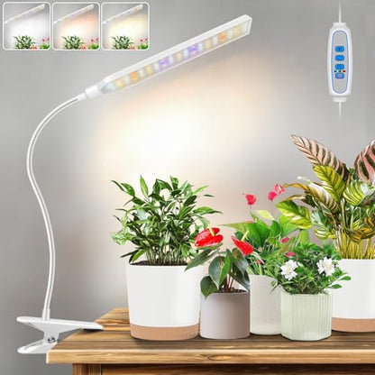 Kullsinss Clip-on Grow Lights for Indoor Plants, 57 LEDs 10W Plant Light | Full Spectrum Growing Lamp with Timer & Dimmable, White Gooseneck Plant Lamp for Succulents, Seed Starting, Easy to Use & Set - size: 1 Head-White