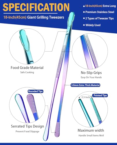 JETKONG 2 Pcs 18 Inch (45cm) Stainless Steel Grill Tongs Heavy Duty Giant Tweezer Tongs, Extra Large Tweezers Tools for Cooking, Grilling, BBQ and Turning Food (Rainbow) - color: Rainbow, size: 18+18 Inch