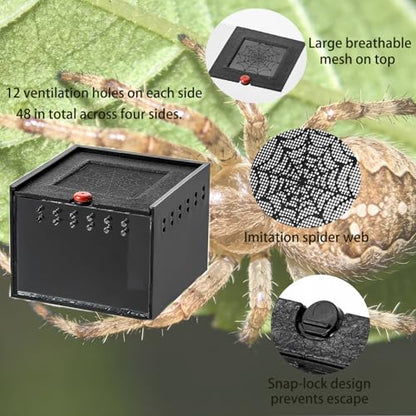 Black Acrylic Jumping Spider Enclosure Cage for Insect Reptile Isopods | Semi-concealed Portable Breeding Enclosure, Sliding Lid Handheld Design Easy to Observe Jumping Spiders and small pets