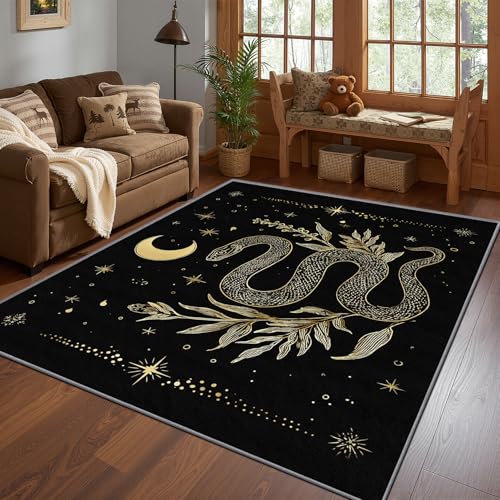 Snake Door Mat Indoor Entrance, Mystical Aesthetic Moon Washable Rugs for Entryway, 2x3 Rug Non Slip, Soft Low Pile & Stain Resistant Small Carpet, Gothic Witchy Celestial Home Decor Gifts - color: Black Gold, size: 2 x 3 ft
