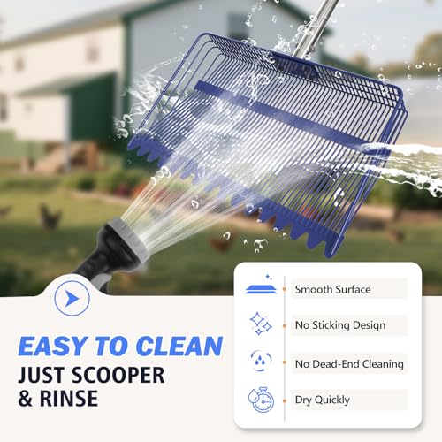 15” Extra Large 2-in-1 Chicken Poop Scooper & Rake with Ergonomic Grip, Metal Goat Chicken Coop Pooper Scooper for Sand with Adjust 38”-77” Stainless Steel Handle, Wide Sifting Shovel Cleaning Tools