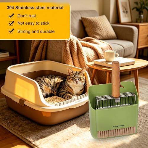 Cat Litter Scoop with Holder, Heavy Duty Stainless Steel Kitty Scooper | with Coarse and Fine Mesh, Includes Broom and Dustpan Set, Quick Sift and Easy Clean, Green - color: Green
