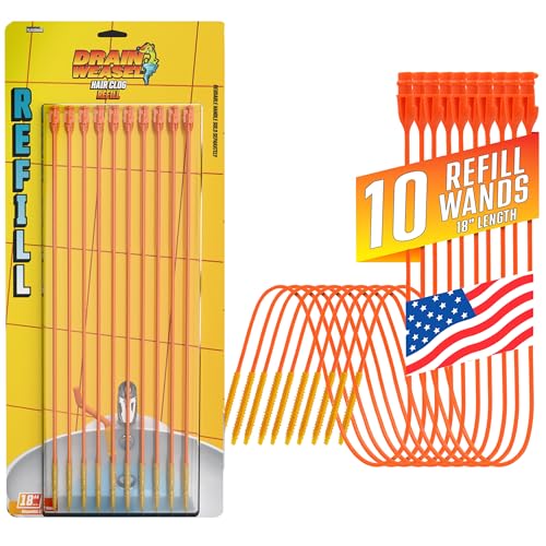 FlexiSnake Drain Weasel Refill for Sink Snake Hair Clog Remover, 10 Pack | Pipe, Bathroom, Bathtub Drain Cleaner, 18" Wands, Made in The USA