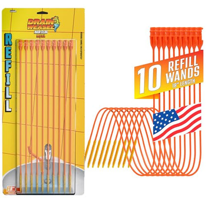 FlexiSnake Drain Weasel Refill for Sink Snake Hair Clog Remover, 10 Pack | Pipe, Bathroom, Bathtub Drain Cleaner, 18" Wands, Made in The USA