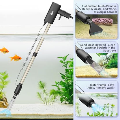 AQQA Aquarium Vacuum Gravel Cleaner, 20W, 480GPH | Electric Rechargeable, Automatic Water Changing, Debris Clean & Sand Washing, Strong Suction, 4-Speed Adjustable
