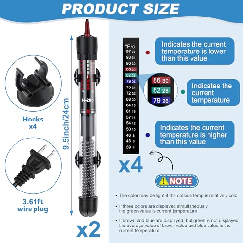 Dreyoo 2 Set 100W Submersible Aquarium Heater with 4 Thermometer Stickers | Adjustable Aquarium Fish Tank Heater with Suckers, Adjustable Knob Thermostat for Marine Saltwater and Freshwater