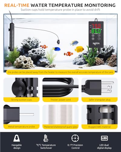SEAOURA 200W Aquarium Heater for Turtle Betta Fish 30-40 Gal Tank Thermostat | Adjustable Max & Min Temperature Protection, 10.4 IN Submersible Heater Auto Power-Off External Controller Salt/Freshwater - size: 30-40 Gallon Tank
