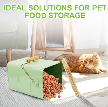 Cat Food storage container Cat Treats Jar,5~6 lb Metal food treats tin for Cat, pet snacks Canisters with wooden lid/handle/sevice scoop-Green - color: Cat-Green