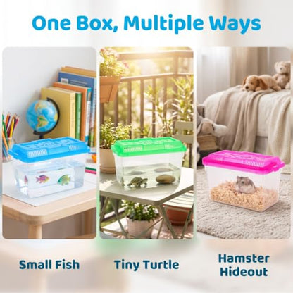 NOLITOY 4 pcs Thick Plastic Portable Fish Tank Mini Aquarium Travel Carrier | Clear Viewing Box, Sturdy Handle Design, Turtle Breeding Habitat, Multi Color Theme, Reptile Clinic Transport Gear, 5.90 inch