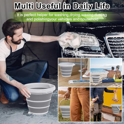 Collapsible Wash Bucket with Microfiber Mitt, 10L (2.6 Gallon) Portable Collapsiblle Buckett with Handle for Car Wash Household Cleaning, Multiuse Collapsibles Water Bucket and Car wash mitt - Grey - color: Gray