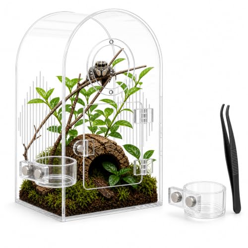 Jumping Spider Enclosure Kit, Clear Acrylic, No Assembly Needed | Micro-vent airflow, 360-degree view, Pre-assembled, Magnetic feeding dish, Tweezers included, For spiderlings and mantises