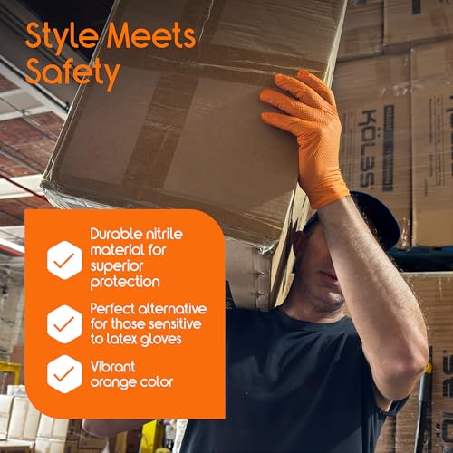 Inspire Heavy Duty Orange Nitrile Gloves | ULTRA 8 Mil Diamond Textured Grip | Industrial Mechanic Disposable Cleaning Gloves - size: Large
