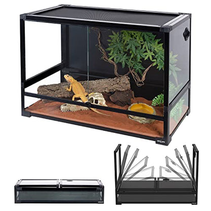 REPTI ZOO Collapsible 60 Gallon 36" Wide Reptile Tank, Tempered Glass Large Reptile Terrarium 36"x18"x24", Black PVC Back, Front & Top Ventilation & Anti Escape Lid, Easy Folding - size: 36"W X 18"D X 24"H (60 Gallon)