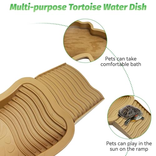 PINVNBY Large Reptile Bathing Pool Tortoise Water Dish with Removable Ramp and Leaf Reptile Food Dish & Water Bowl Tortoise Habitat Accessories for Turtle Lizard Gecko Snake (Yellow)
