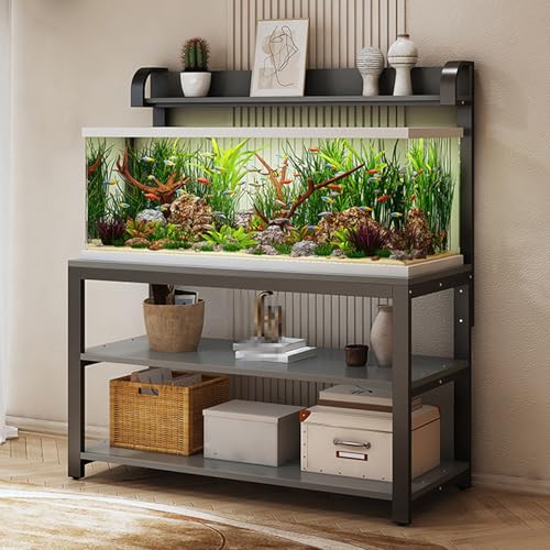 Adjustable Height Metal Aquarium Stand with Storage Shelf - Open Design for Home & Office, Durable Support for Fish Tanks, Modern Style, Easy Assembly, Space-Saving Solution,Black+gray,90x50 - size: 90x50x144cm