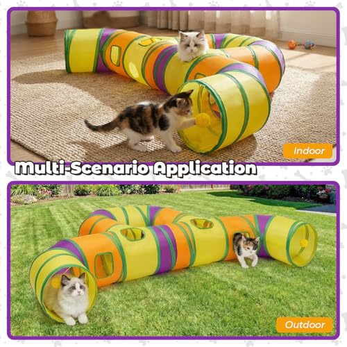 Cat Tunnel for Indoor Cats Large, Collapsible Cat Playhouse Pet Play Tunnel Tube Maze with Hanging Pom-Poms and Interactive Holes for Kitten, Kitty, Puppy, Rabbits, Ferret, Guinea Pig