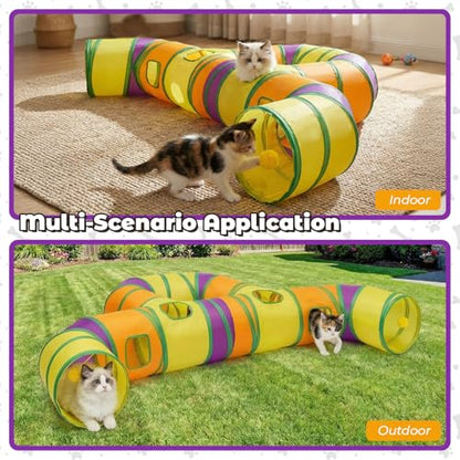 Cat Tunnel for Indoor Cats Large, Collapsible Cat Playhouse Pet Play Tunnel Tube Maze with Hanging Pom-Poms and Interactive Holes for Kitten, Kitty, Puppy, Rabbits, Ferret, Guinea Pig