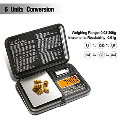 Fuzion Digital Pocket Gram Scale 200g/0.01g with 50g Calibration Weight | Easy Calibration, Tare and PCS, Mini Scale Grams Ounces Grains for Jewelry, Coins, Powder, Herbs, Spices (Battery Included) - color: Black, size: 200/0.01g