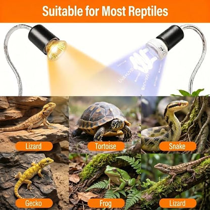 Reptile Heat Lamp,UVB Light for Reptiles Turtle/Lizard,UVB/A 10.0 13W Bulb | Heat Lamp with Clamp for Bearded Dragon and Terrarium, UVB Light for Reptiles with Timer, 50W Sunbathing Bulb