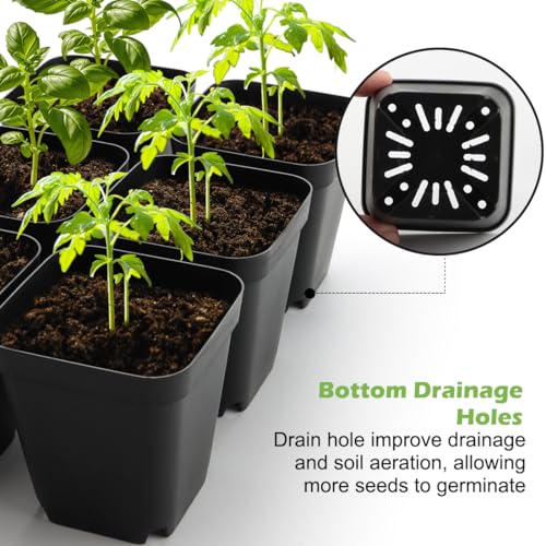 RooTrimmer 2.8 inch (7CM) Square Nursery Pots 120pcs with 5 Pack Seed Starter Trays, Durable Plastic Flat Seedling Tray (17"x11"x2") for Carrying and Holding Plant Nursery Pot (Black) - size: 2.8" Pots-120P + 17.3" x 11.8" x 1.8" Trays-5P