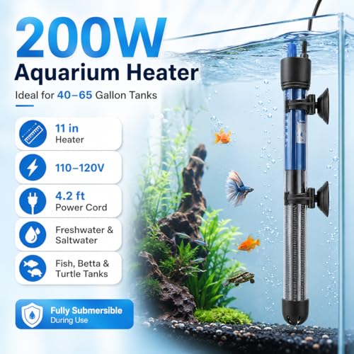 Mylivell Fish Tank Aquarium Heater - Adjustable Submersible 200W Aquarium Heater with Thermostat for 40-65 Gallon Betta, Turtle, Saltwater and Freshwater Tanks